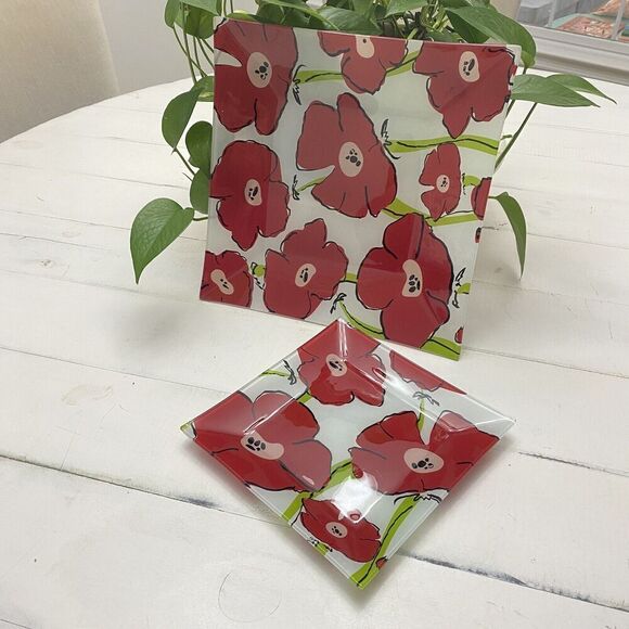 Set of 2 Poppies Garden Printed Decorative Glass Plates Platters Trinket Trays - Picture 1 of 9